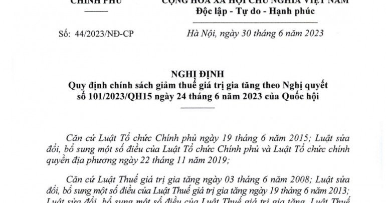 Nghị định 44/2023/NĐ-CP về giảm thuế giá trị gia tăng